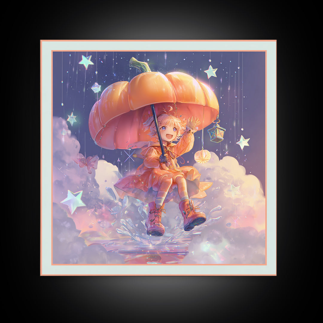 The Pumpkin Umbrella, Synthwave Halloween Art, Square Wall Art, Framed Canvas Print, Retro Halloween Decor, Neon Wall Art, Gothic Home Decor