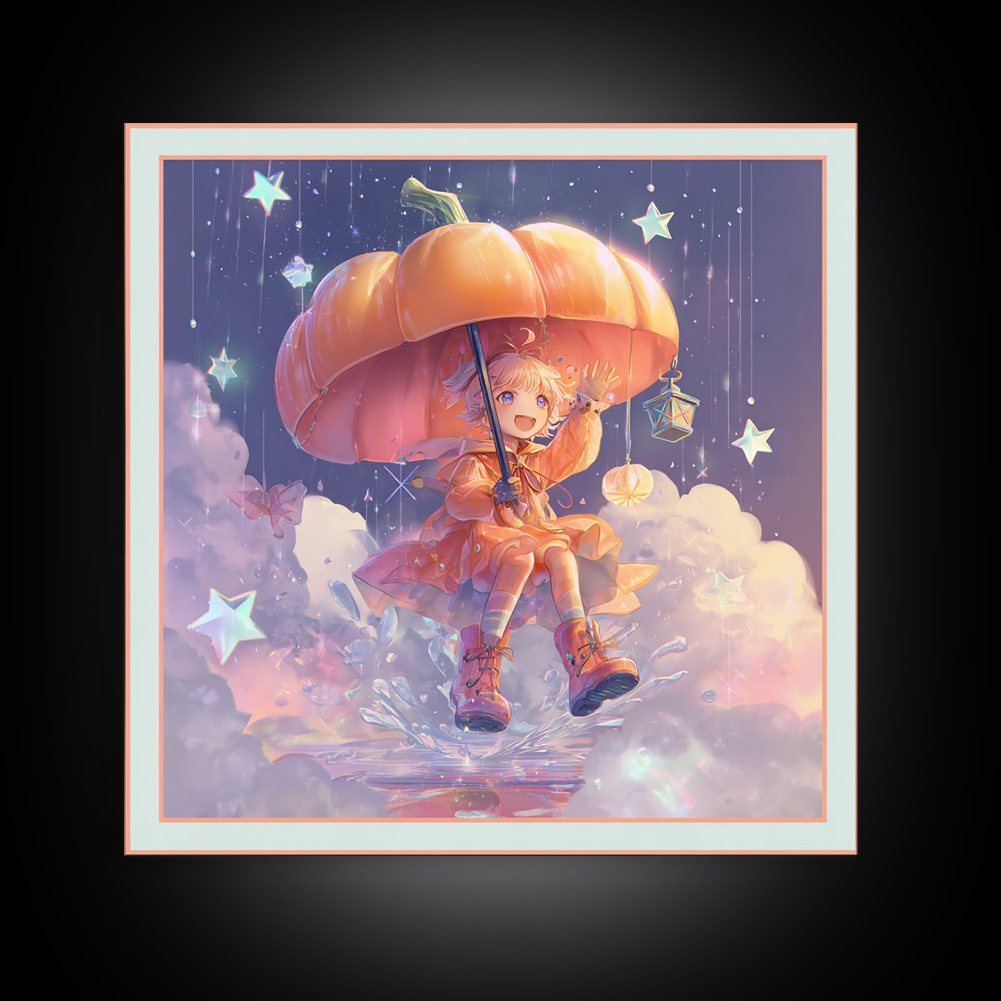 The Pumpkin Umbrella, Synthwave Halloween Art, Square Wall Art, Framed Canvas Print, Retro Halloween Decor, Neon Wall Art, Gothic Home Decor
