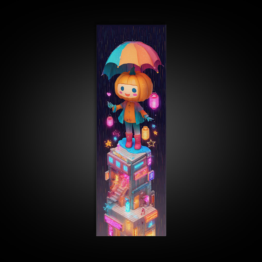 The Pumpkin Umbrella, Vaporwave Halloween Decor, Tall Narrow Wall Art, Framed Canvas Print, Retro Halloween Decor, Neon Wall Art