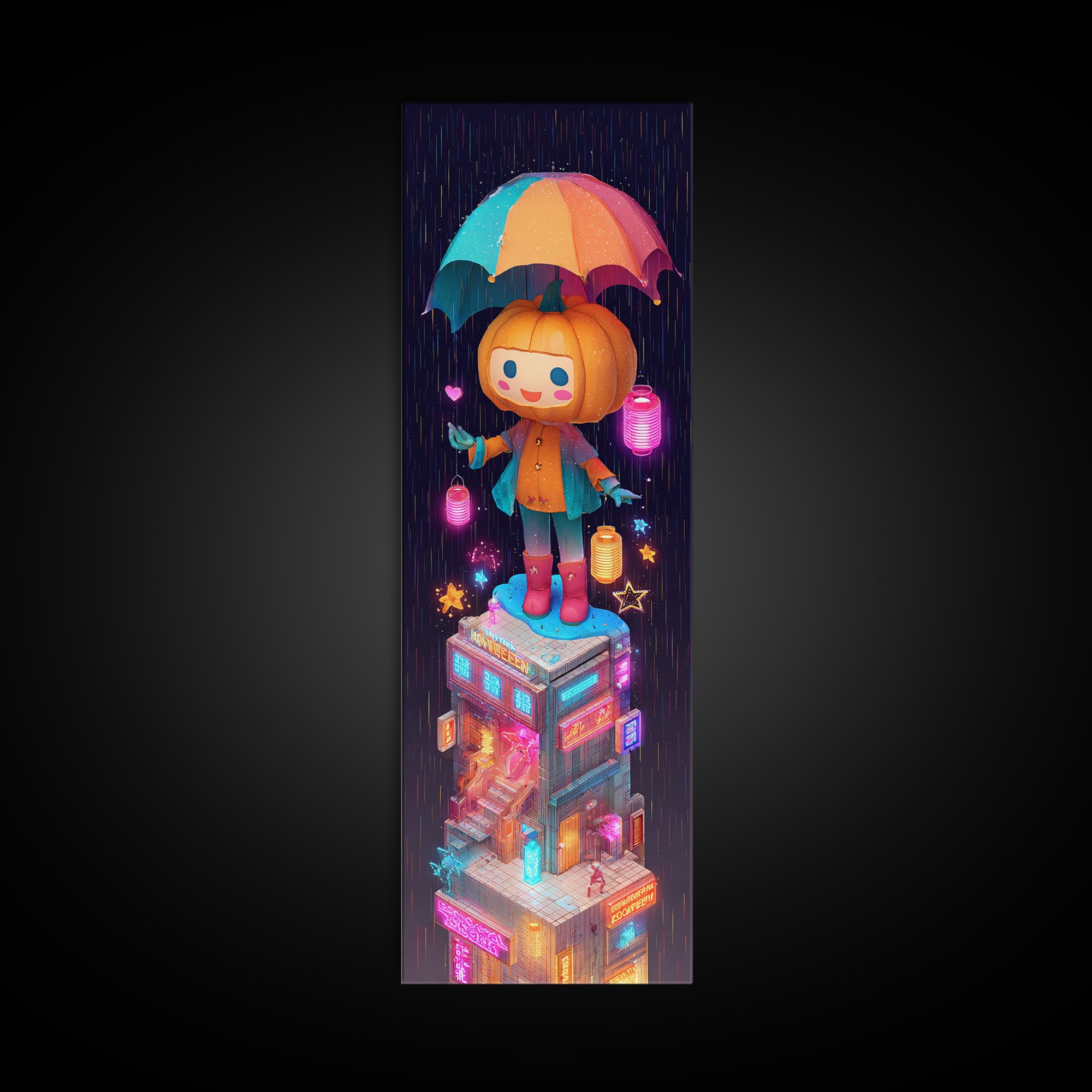 The Pumpkin Umbrella, Vaporwave Halloween Decor, Tall Narrow Wall Art, Framed Canvas Print, Retro Halloween Decor, Neon Wall Art