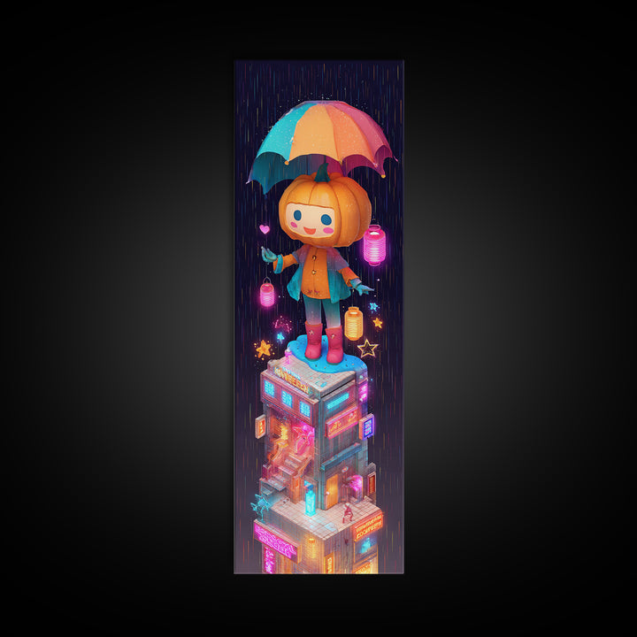 The Pumpkin Umbrella, Vaporwave Halloween Decor, Tall Narrow Wall Art, Framed Canvas Print, Retro Halloween Decor, Neon Wall Art