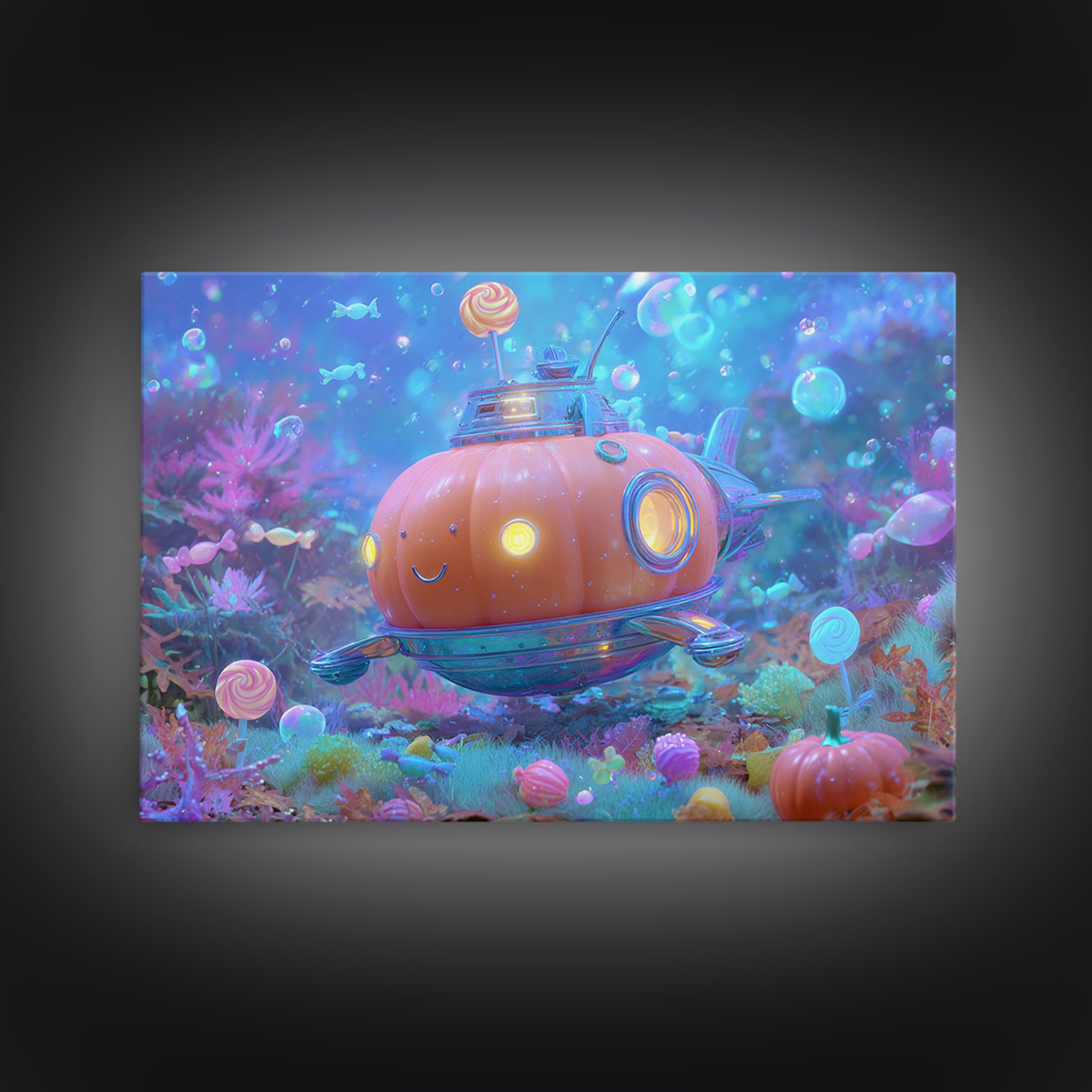 The Pumpkin Submarine, Synthwave Halloween Art, Landscape Wall Art, Canvas Print, Retro Halloween Decor, Neon Wall Art