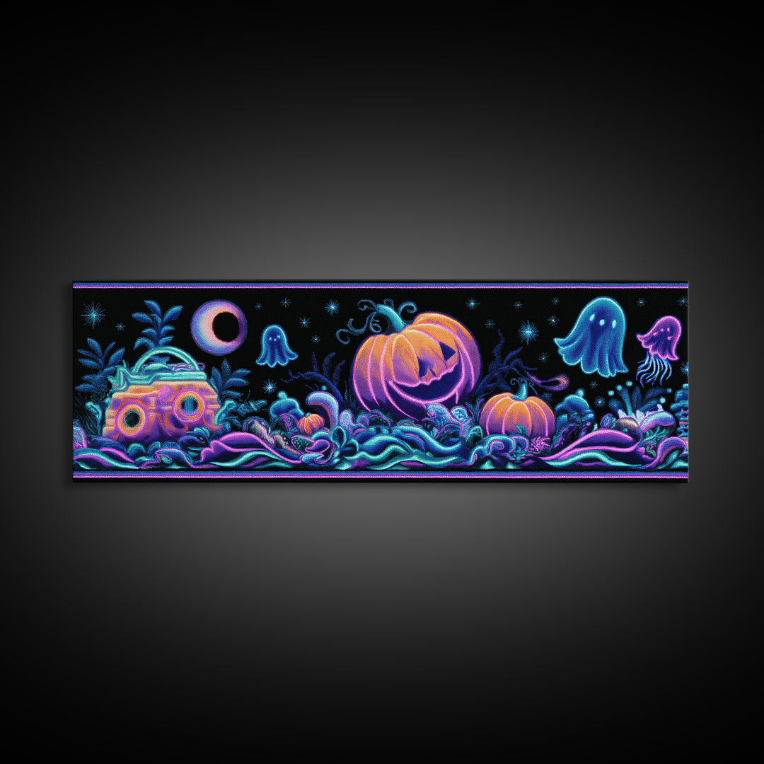 The Pumpkin Submarine, Cute Spooky Neon Art, Extra Wide Wall Art, Canvas Print, Retro Halloween Decor, Neon Wall Art, Collectible Wall Decor