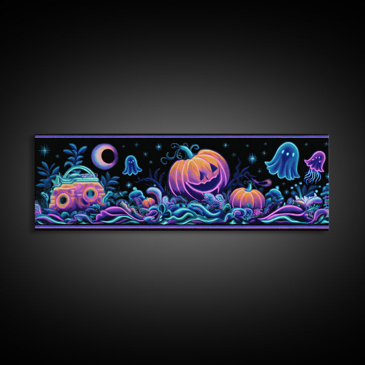 The Pumpkin Submarine, Cute Spooky Neon Art, Extra Wide Wall Art, Canvas Print, Retro Halloween Decor, Neon Wall Art, Collectible Wall Decor