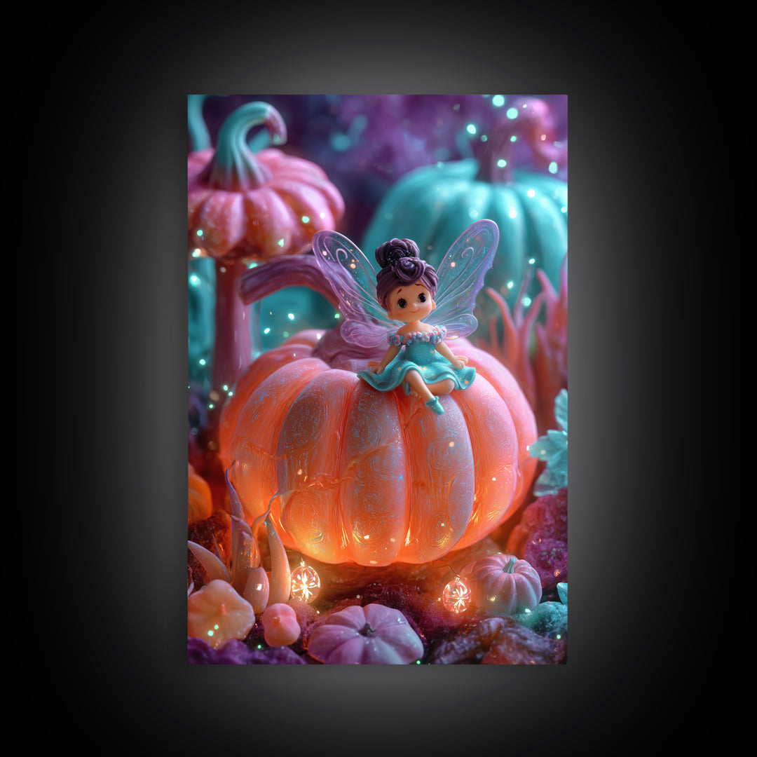 The Pumpkin Fairy Garden, 80s Halloween Wall Art, Vertical Wall Art, Canvas Print, Retro Halloween Decor, Neon Wall Art