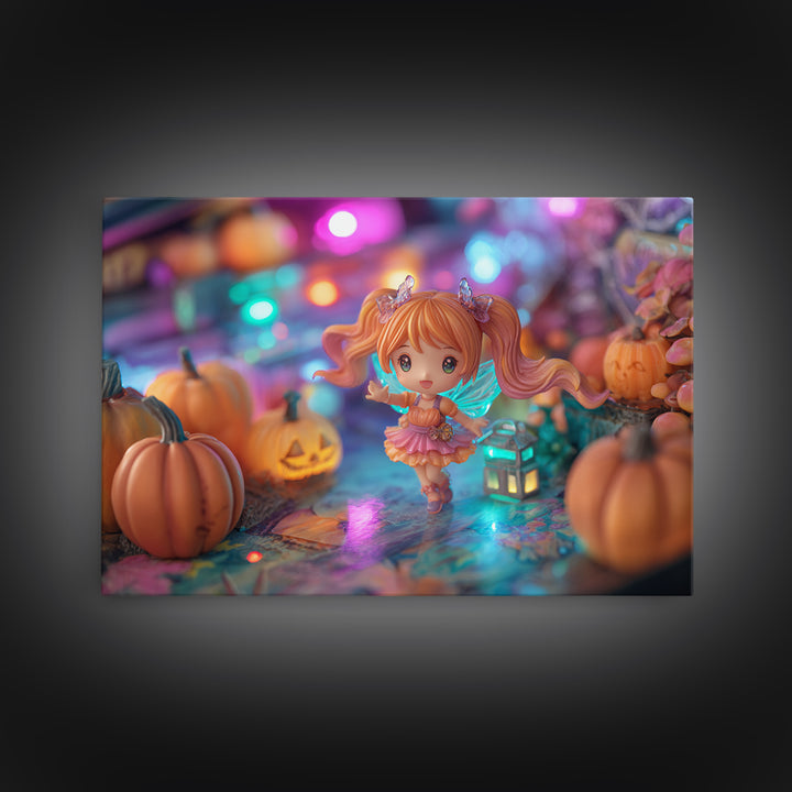 The Pumpkin Fairy Garden, Retro Neon Halloween Art, Landscape Wall Art, Canvas Print, Retro Halloween Decor, Neon Wall Art