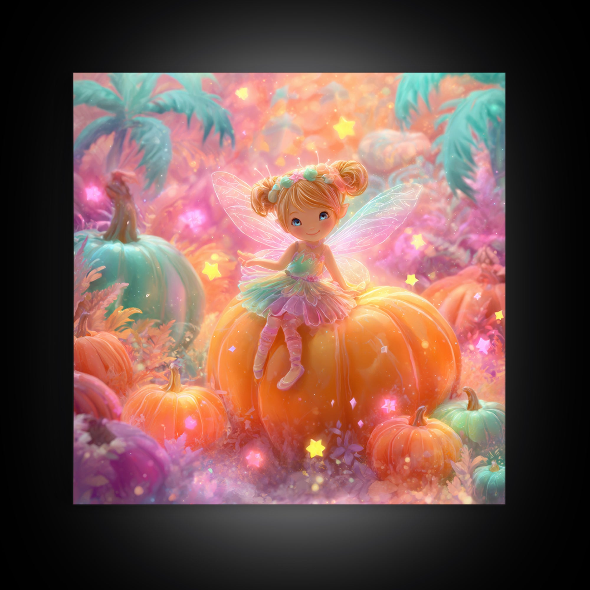 The Pumpkin Fairy Garden, Cute Spooky Neon Art, Square Wall Art, Framed Canvas Print, Retro Halloween Decor, Neon Wall Art