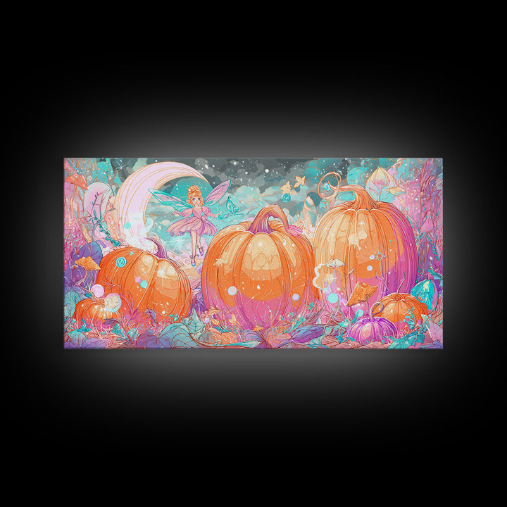 The Pumpkin Fairy Garden, Vaporwave Halloween Decor, Wide Panoramic Art, Canvas Print, Retro Halloween Decor, Neon Wall Art