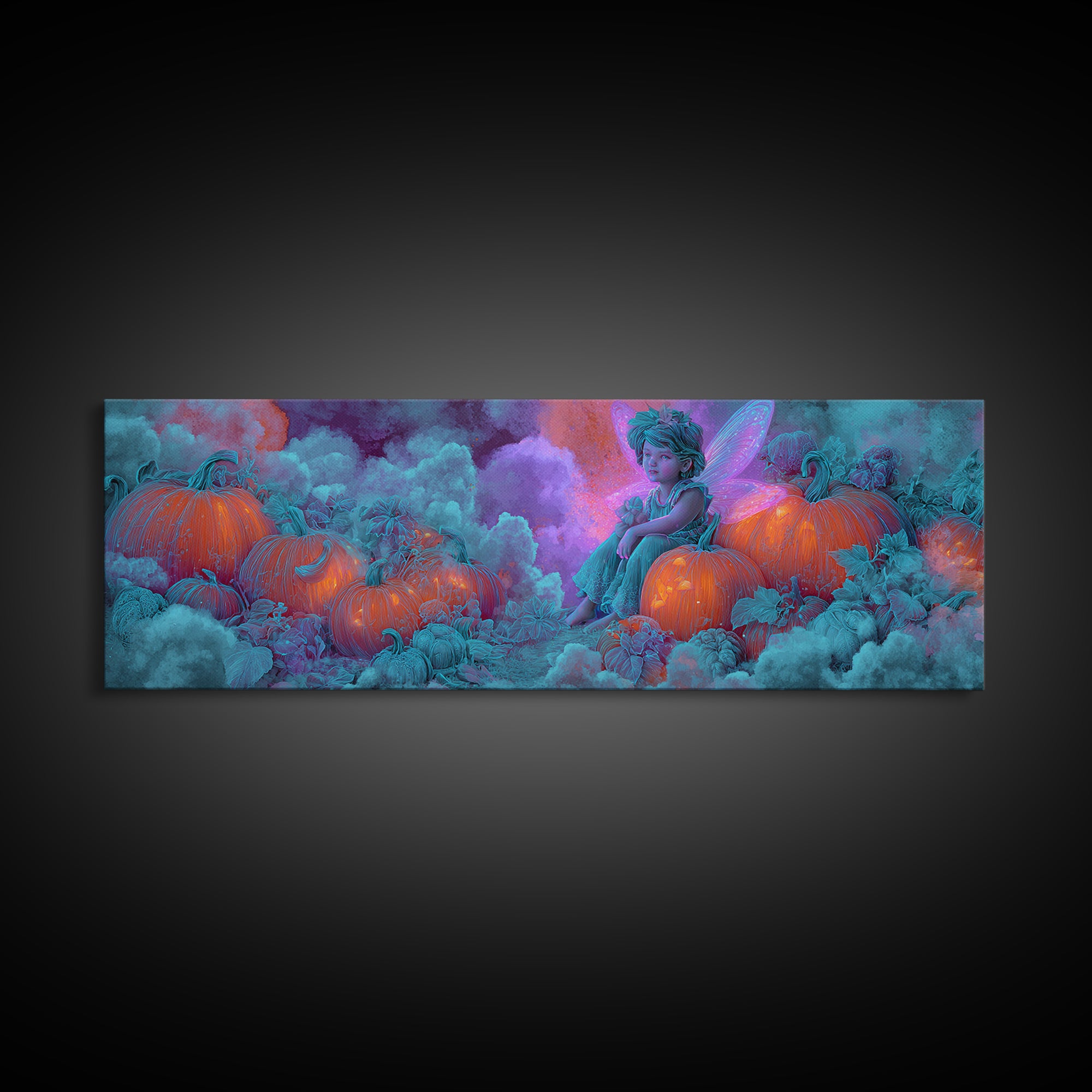 The Pumpkin Fairy Garden, Synthwave Halloween Art, Extra Wide Wall Art, Canvas Print, Retro Halloween Decor, Neon Wall Art, Horror Wall Art