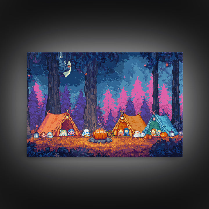 The Pumpkin Campout, Synthwave Halloween Art, Landscape Wall Art, Framed Canvas Print, Retro Halloween Decor, Neon Wall Art