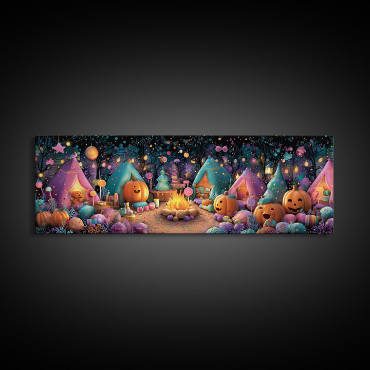 The Pumpkin Campout, Vaporwave Halloween Decor, Extra Wide Wall Art, Canvas Print, Retro Halloween Decor, Neon Wall Art, Statement Wall Art