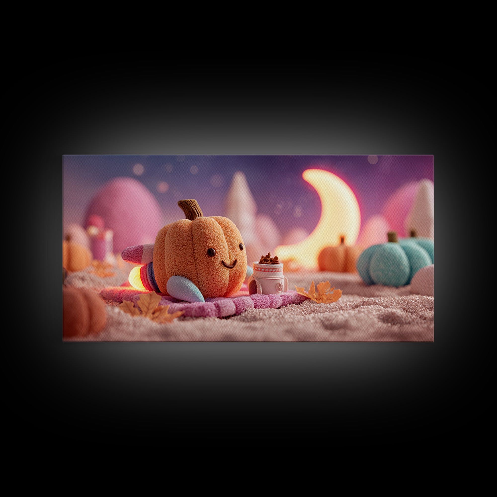 The Pumpkin Rocket Ship, Synthwave Halloween Art, Wide Panoramic Art, Framed Canvas Print, Retro Halloween Decor, Neon Wall Art