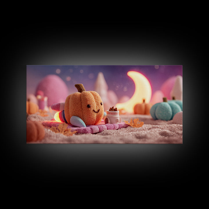 The Pumpkin Rocket Ship, Synthwave Halloween Art, Wide Panoramic Art, Framed Canvas Print, Retro Halloween Decor, Neon Wall Art