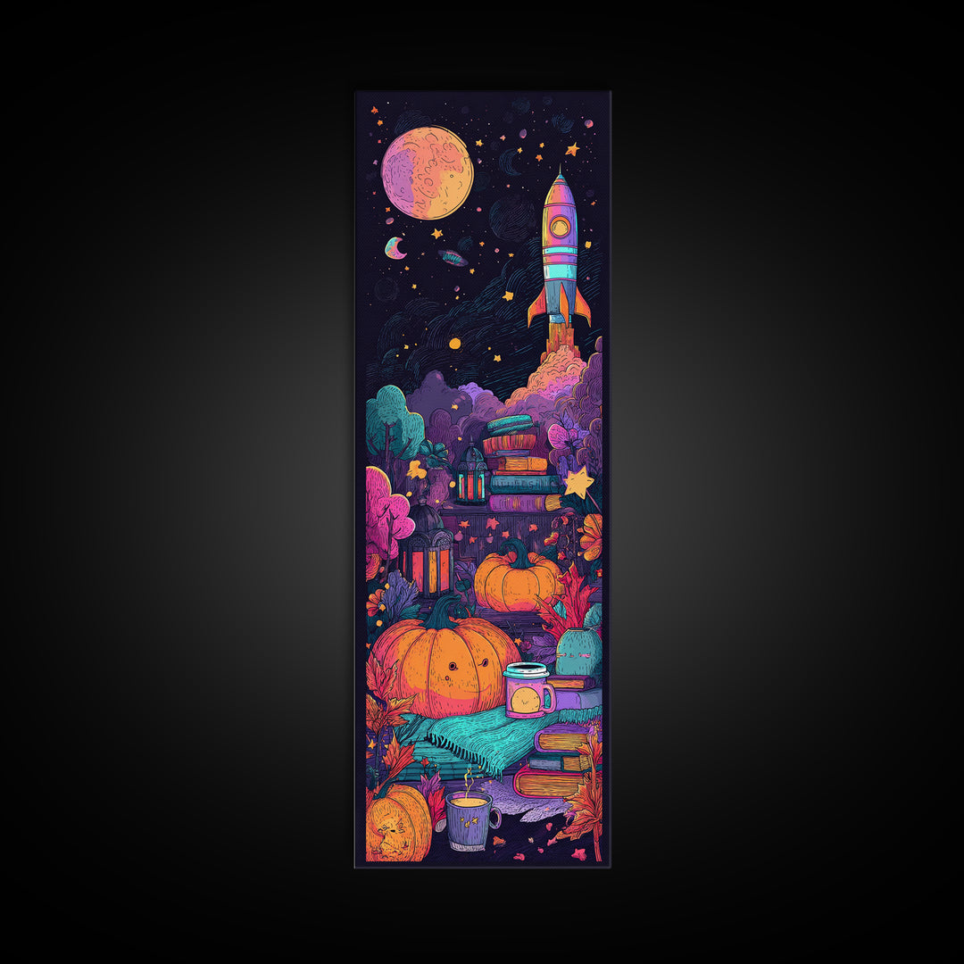 The Pumpkin Rocket Ship, 80s Halloween Wall Art, Tall Narrow Wall Art, Framed Canvas Print, Retro Halloween Decor, Neon Wall Art