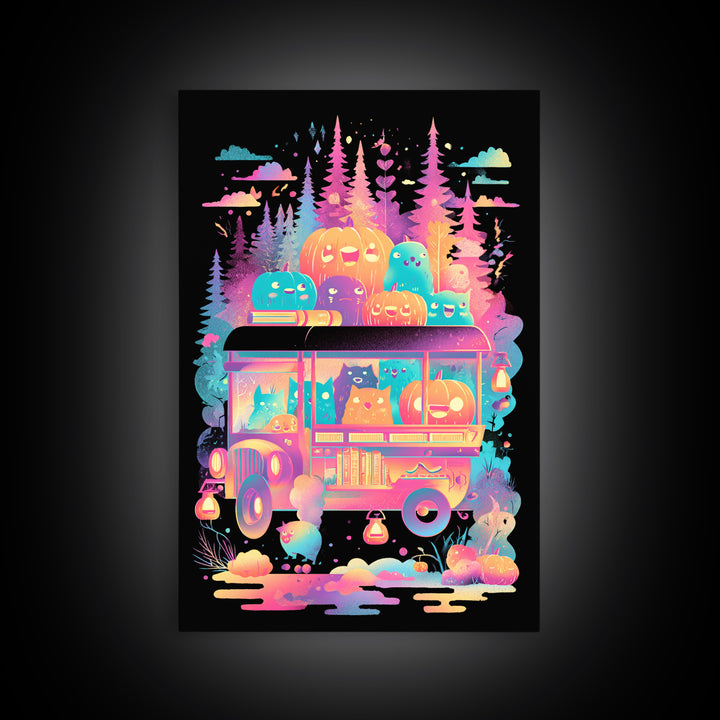 The Pumpkin Bookmobile, Synthwave Halloween Art, Vertical Wall Art, Framed Canvas Print, Retro Halloween Decor, Neon Wall Art