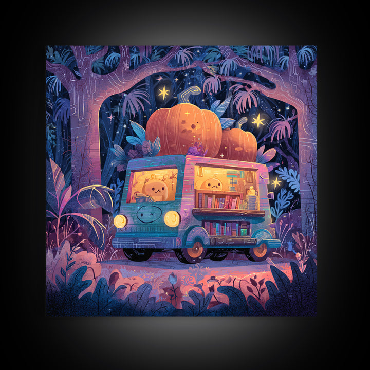 The Pumpkin Bookmobile, Synthwave Halloween Art, Square Wall Art, Framed Canvas Print, Retro Halloween Decor, Neon Wall Art