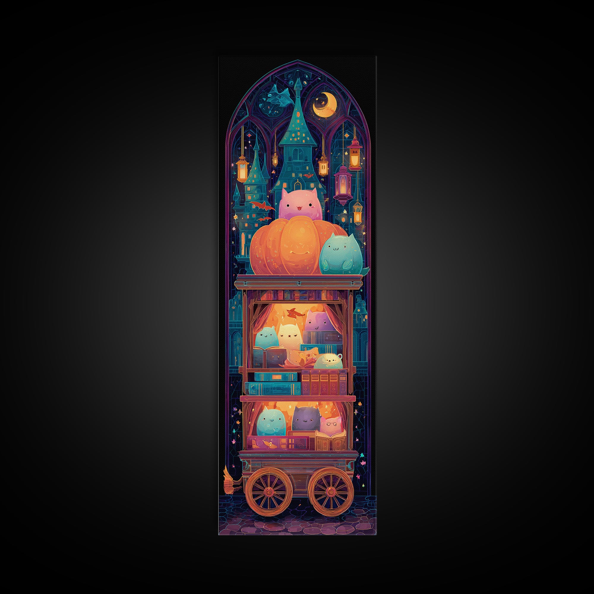 The Pumpkin Bookmobile, Retro Neon Halloween Art, Tall Narrow Wall Art, Canvas Print, Retro Halloween Decor, Neon Wall Art, Dark Fantasy Art