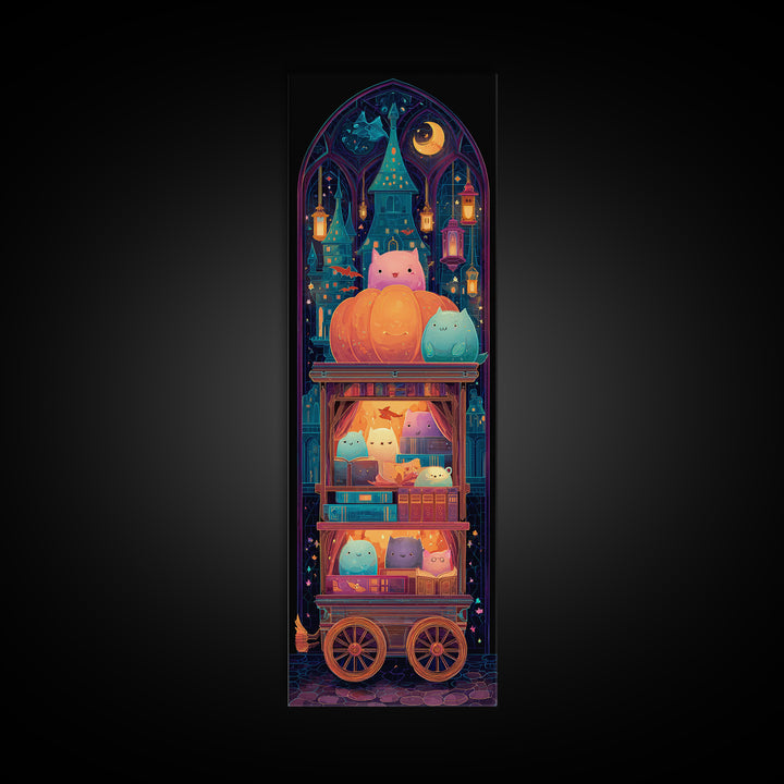 The Pumpkin Bookmobile, Retro Neon Halloween Art, Tall Narrow Wall Art, Canvas Print, Retro Halloween Decor, Neon Wall Art, Dark Fantasy Art