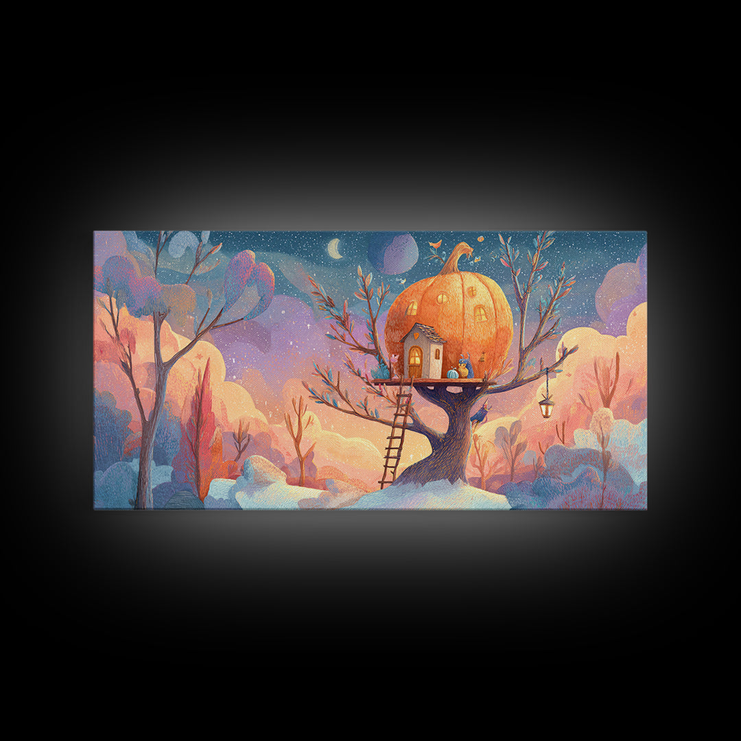 The Pumpkin Treehouse, Cute Spooky Neon Art, Wide Panoramic Art, Framed Canvas Print, Retro Halloween Decor, Neon Wall Art