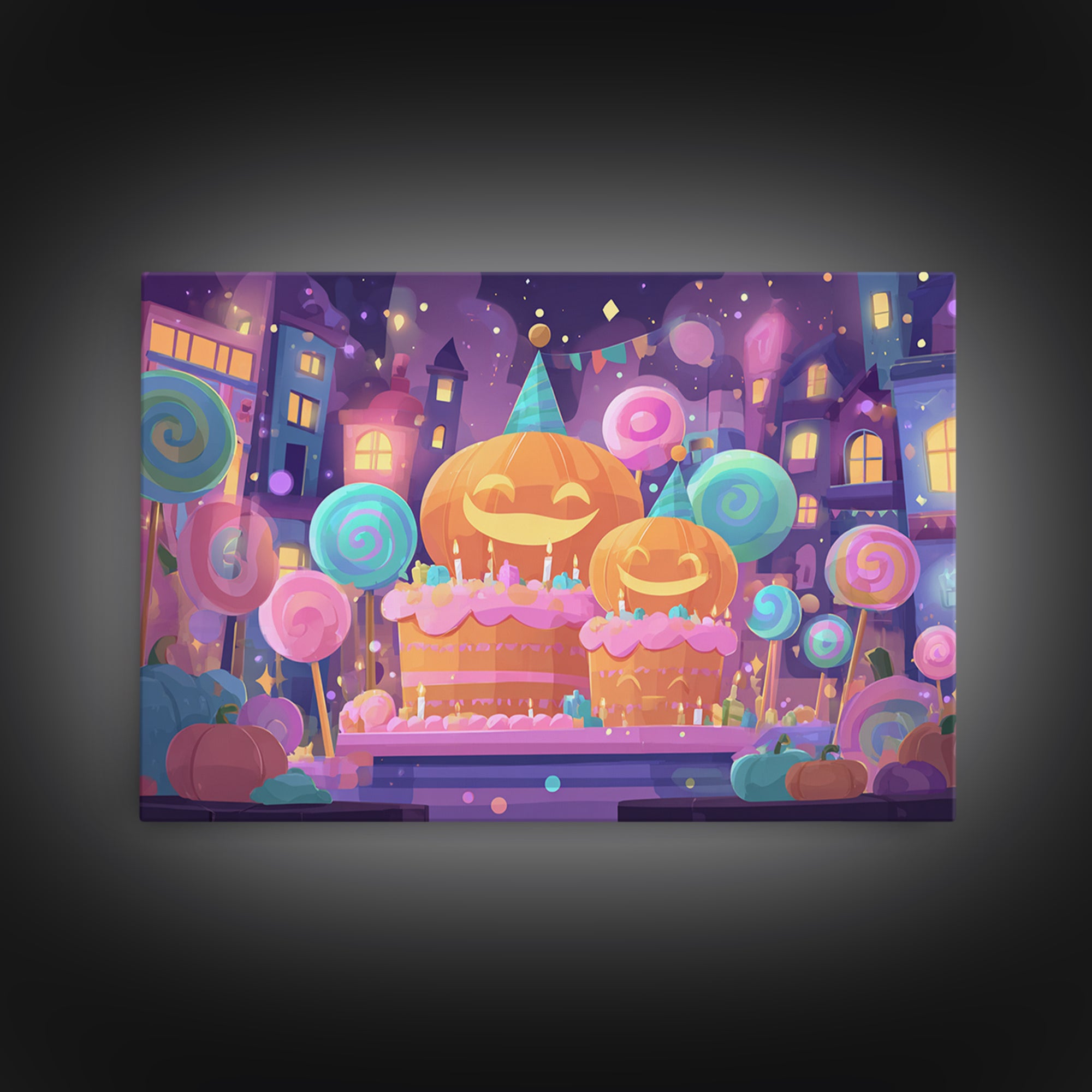 The Great Pumpkin Birthday Party, Cute Spooky Neon Art, Landscape Wall Art, Canvas Print, Retro Halloween Decor, Neon Wall Art