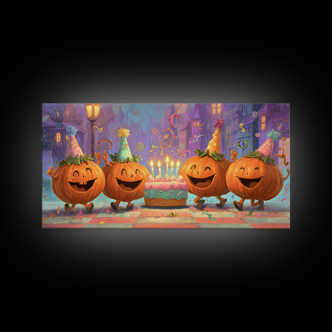 The Great Pumpkin Birthday Party, 80s Halloween Wall Art, Wide Panoramic Art, Framed Canvas Print, Retro Halloween Decor, Neon Wall Art
