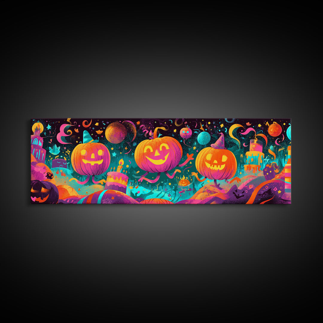 The Great Pumpkin Birthday Party, 80s Halloween Wall Art, Extra Wide Wall Art, Canvas Print, Retro Halloween Decor, Neon Wall Art
