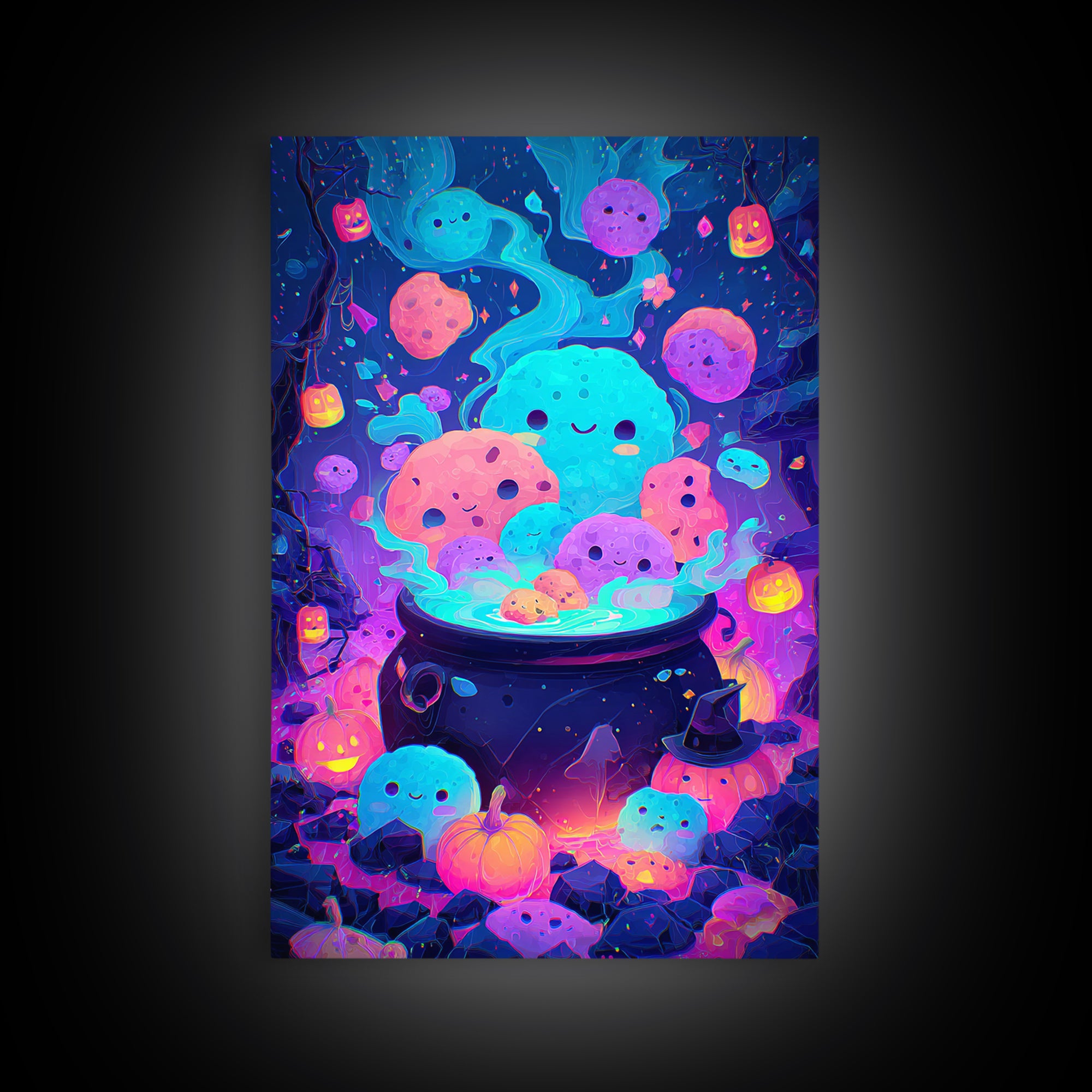 The Cookie Cauldron, Synthwave Halloween Art, Vertical Wall Art, Framed Canvas Print, Retro Halloween Decor, Neon Wall Art, Horror Wall Art