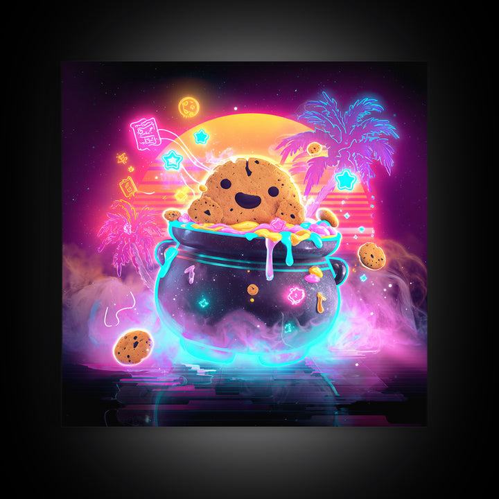 The Cookie Cauldron, Vaporwave Halloween Decor, Square Wall Art, Framed Canvas Print, Retro Halloween Decor, Neon Wall Art