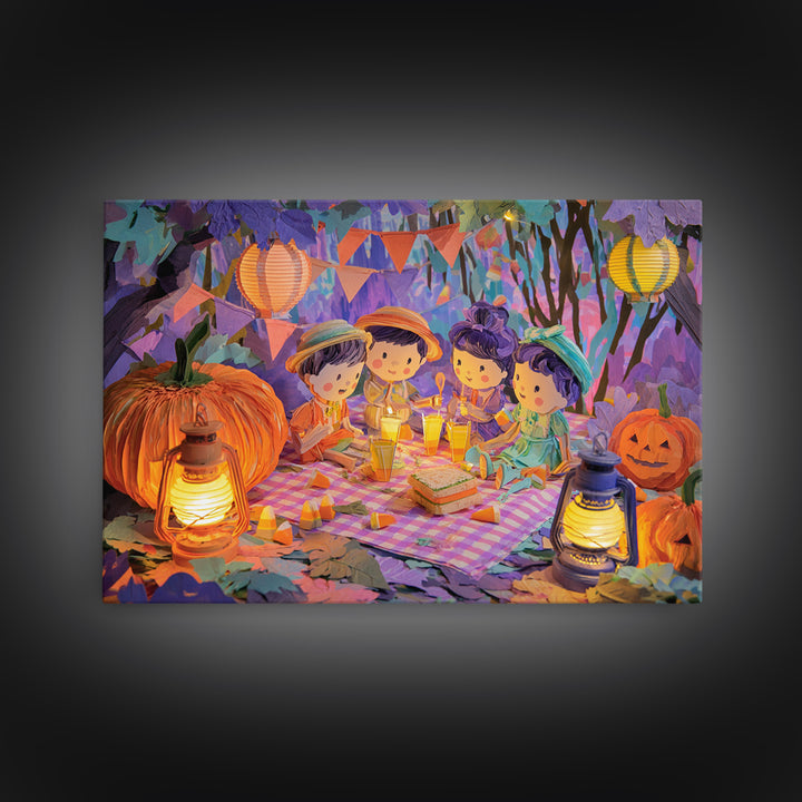 The Candy Corn Picnic, Cute Spooky Neon Art, Landscape Wall Art, Canvas Print, Retro Halloween Decor, Neon Wall Art, Collectible Wall Decor