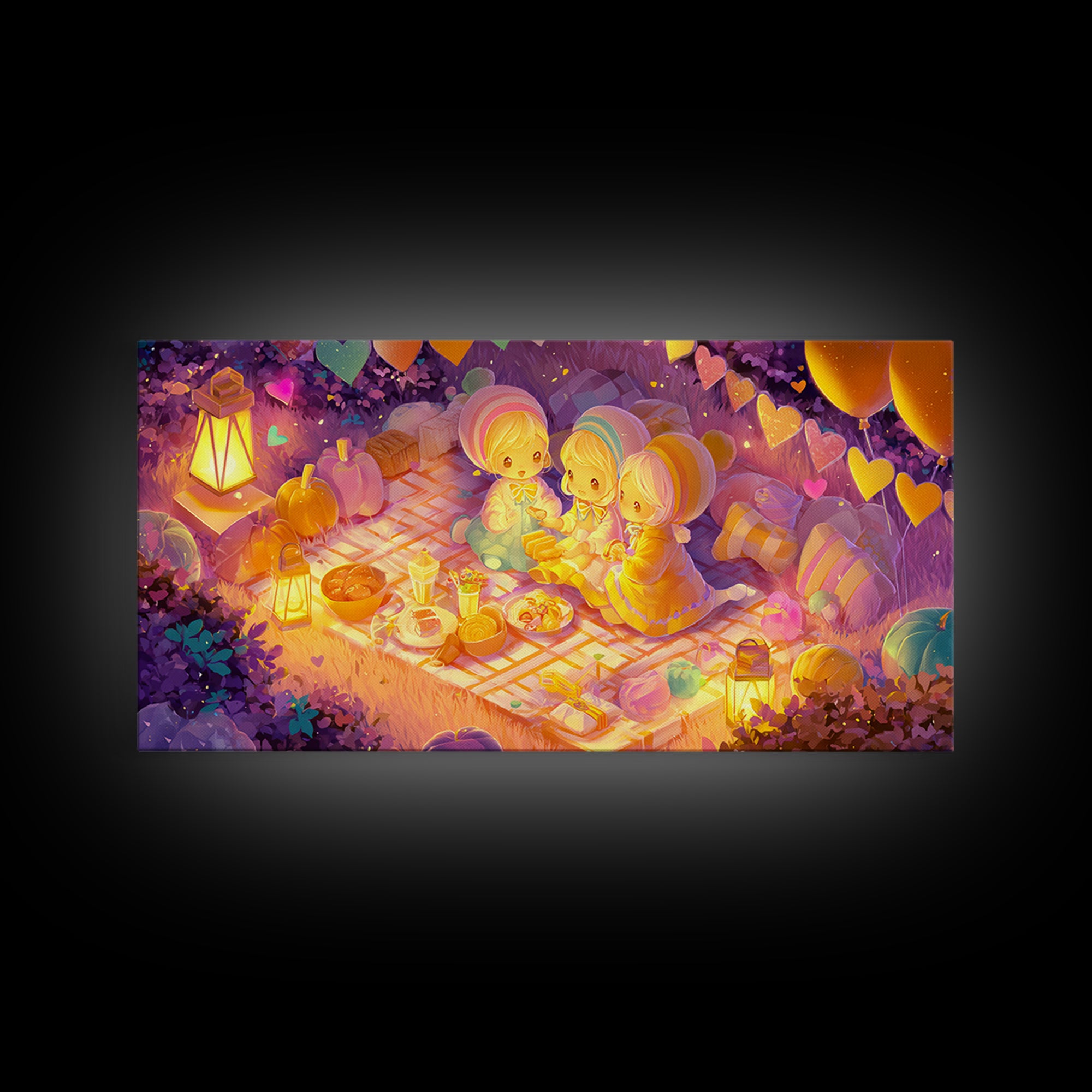 The Candy Corn Picnic, Synthwave Halloween Art, Wide Panoramic Art, Framed Canvas Print, Retro Halloween Decor, Neon Wall Art