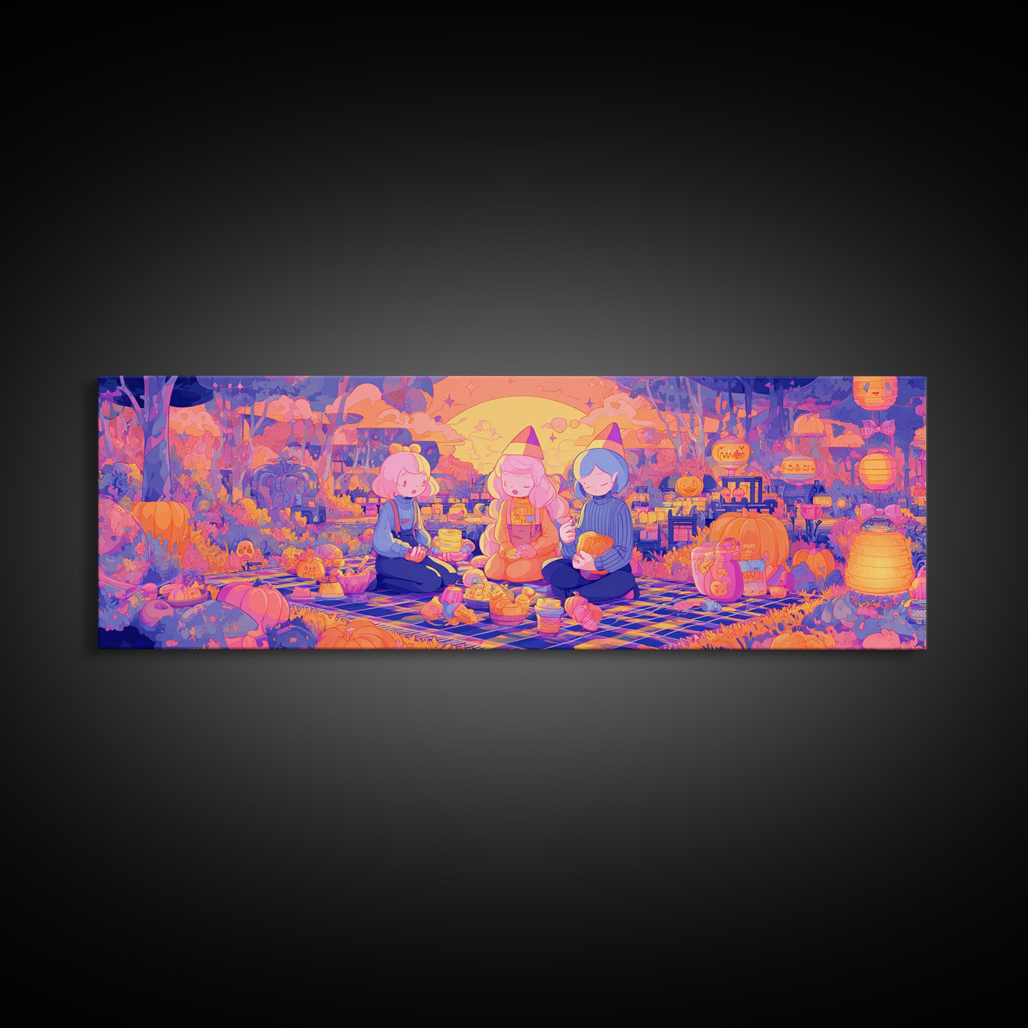 The Candy Corn Picnic, Cute Spooky Neon Art, Extra Wide Wall Art, Canvas Print, Retro Halloween Decor, Neon Wall Art, Gothic Home Decor