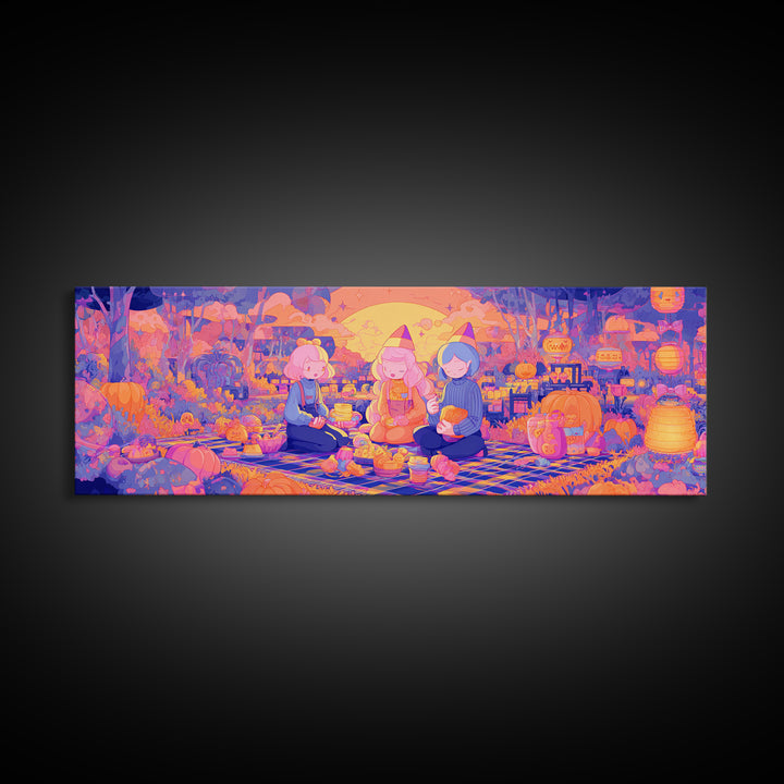 The Candy Corn Picnic, Cute Spooky Neon Art, Extra Wide Wall Art, Canvas Print, Retro Halloween Decor, Neon Wall Art, Gothic Home Decor