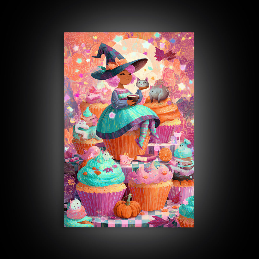 The Cupcake Costume Contest, Cute Spooky Neon Art, Vertical Wall Art, Canvas Print, Retro Halloween Decor, Neon Wall Art, Halloween Wall Art