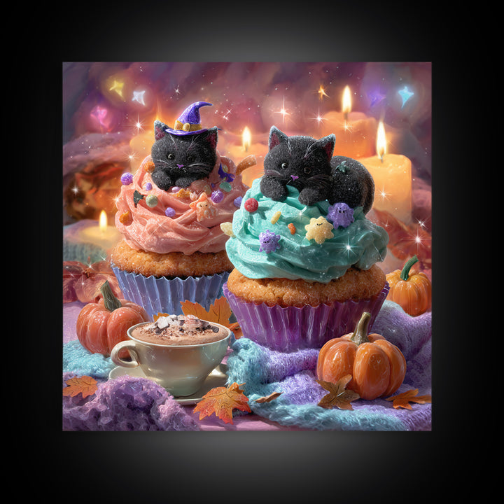 The Cupcake Costume Contest, Vaporwave Halloween Decor, Square Wall Art, Framed Canvas Print, Retro Halloween Decor, Neon Wall Art