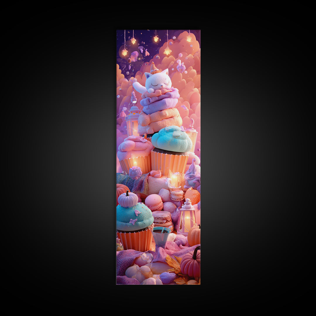 The Cupcake Costume Contest, Vaporwave Halloween Decor, Tall Narrow Wall Art, Canvas Print, Retro Halloween Decor, Neon Wall Art