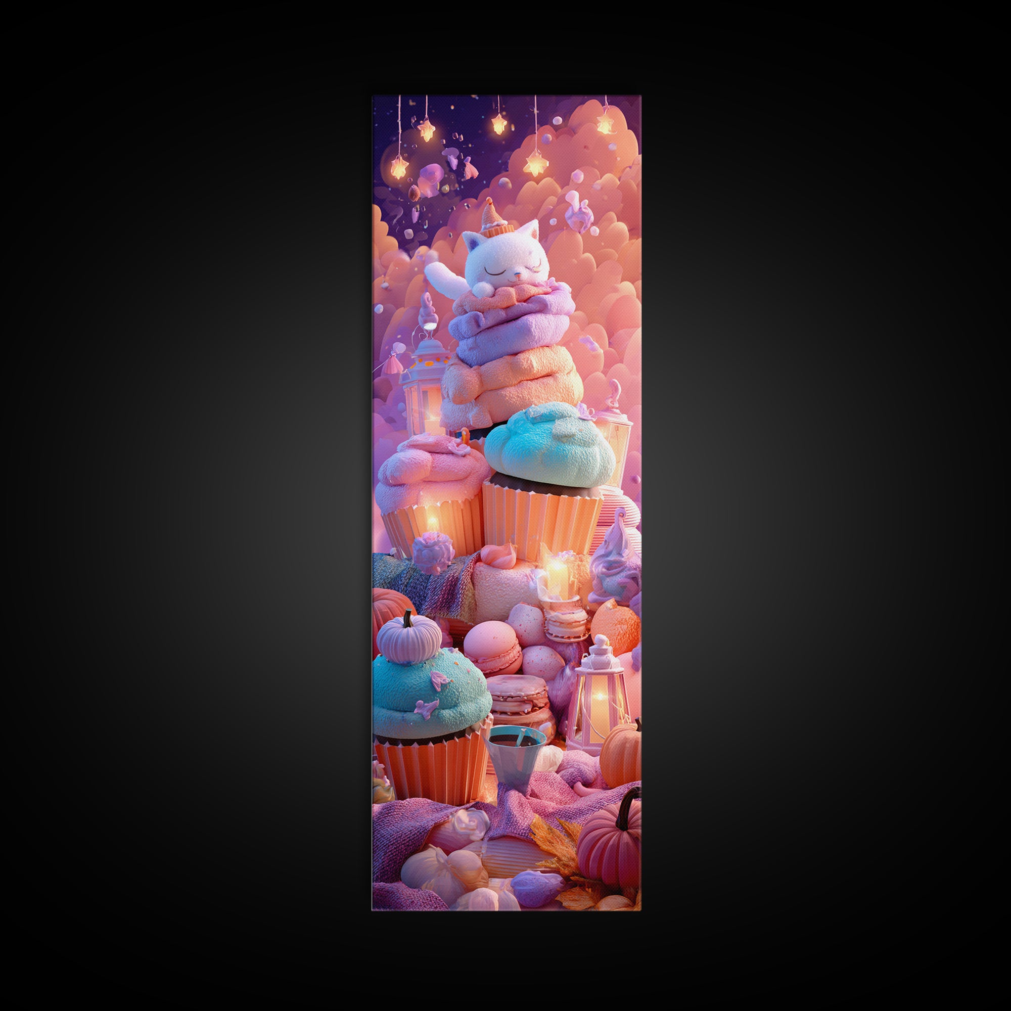 The Cupcake Costume Contest, Vaporwave Halloween Decor, Tall Narrow Wall Art, Canvas Print, Retro Halloween Decor, Neon Wall Art