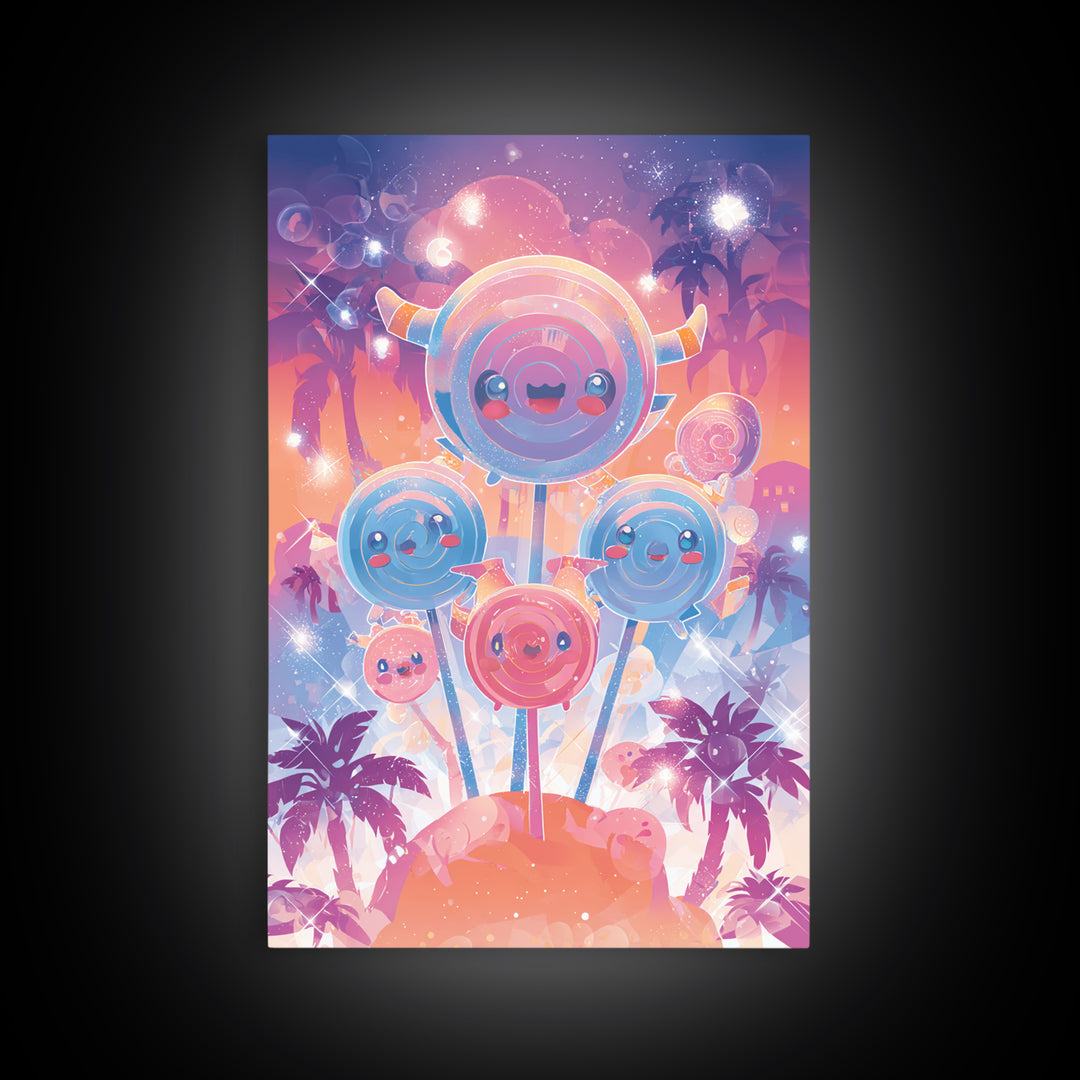 The Friendly Lollipop Monsters, Synthwave Halloween Art, Vertical Wall Art, Canvas Print, Retro Halloween Decor, Neon Wall Art