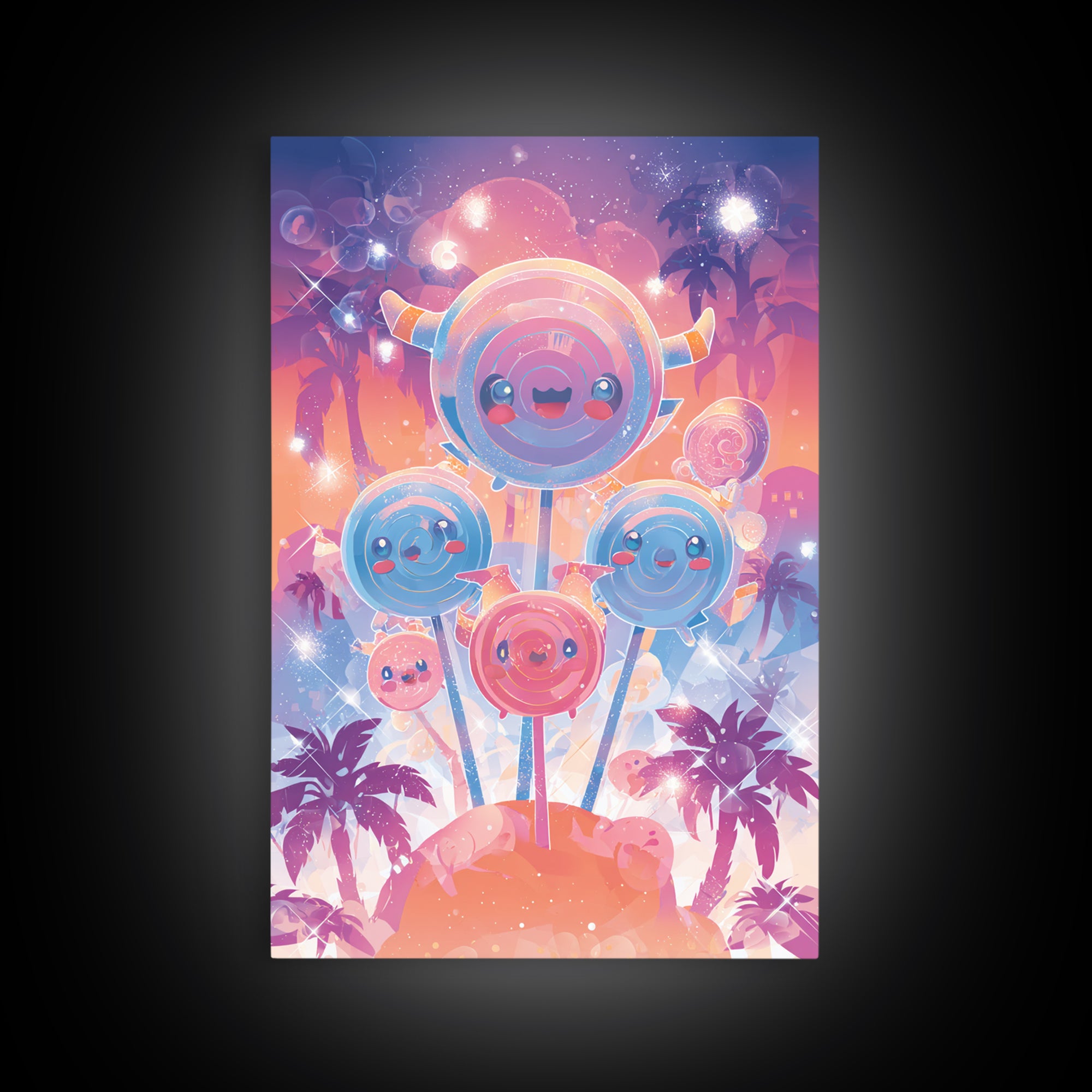 The Friendly Lollipop Monsters, Synthwave Halloween Art, Vertical Wall Art, Canvas Print, Retro Halloween Decor, Neon Wall Art