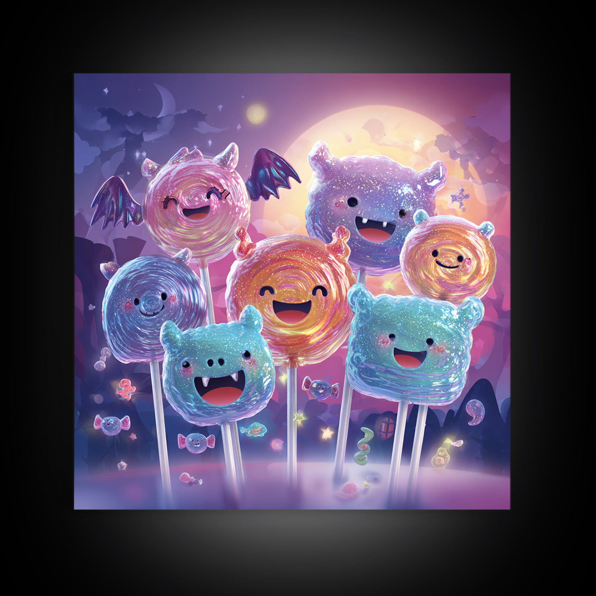 The Friendly Lollipop Monsters, Retro Neon Halloween Art, Square Wall Art, Framed Canvas Print, Retro Halloween Decor, Neon Wall Art