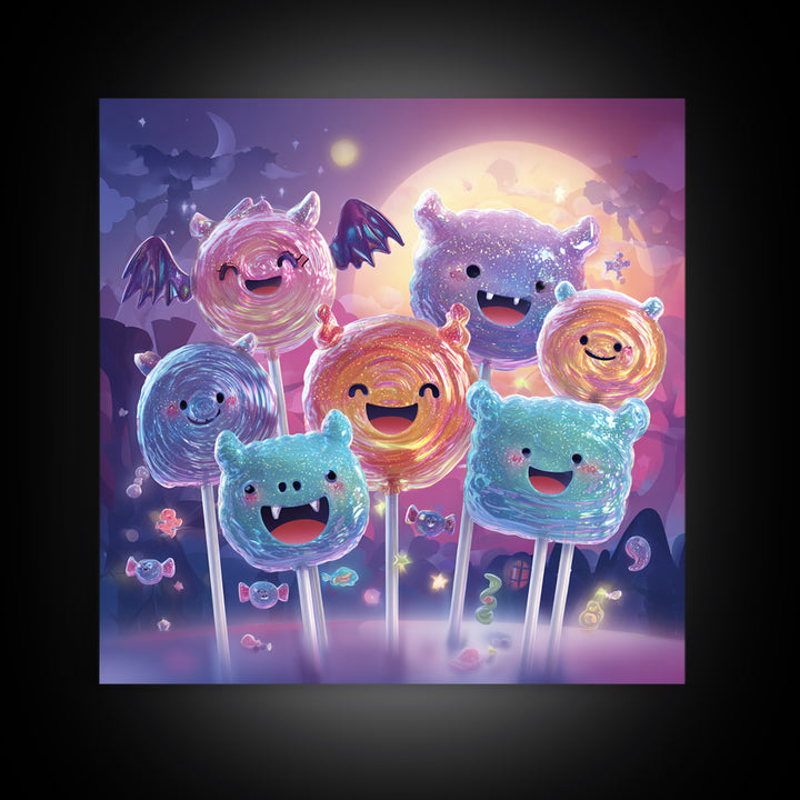 The Friendly Lollipop Monsters, Retro Neon Halloween Art, Square Wall Art, Framed Canvas Print, Retro Halloween Decor, Neon Wall Art