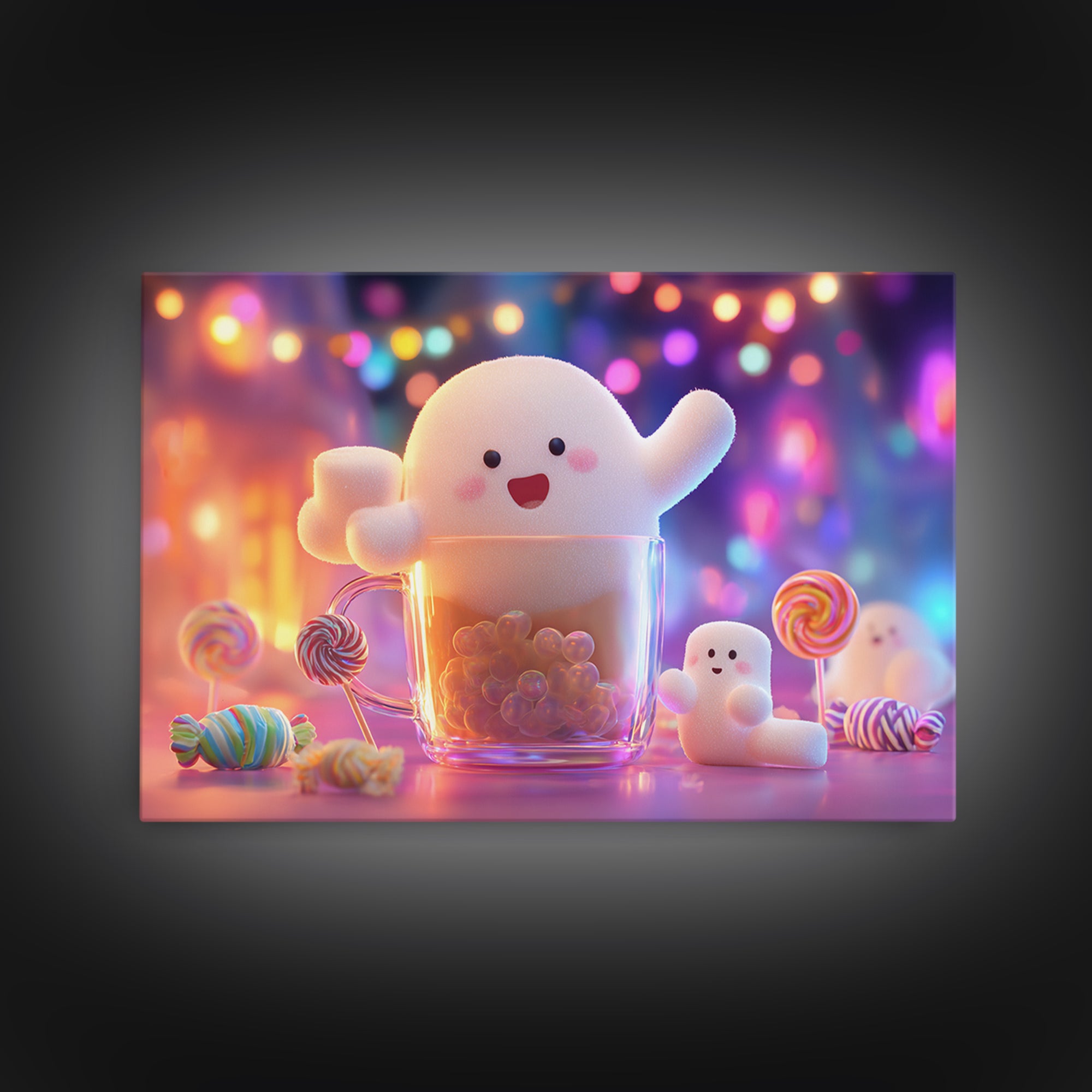 The Marshmallow Ghost Choir, Synthwave Halloween Art, Landscape Wall Art, Canvas Print, Retro Halloween Decor, Neon Wall Art