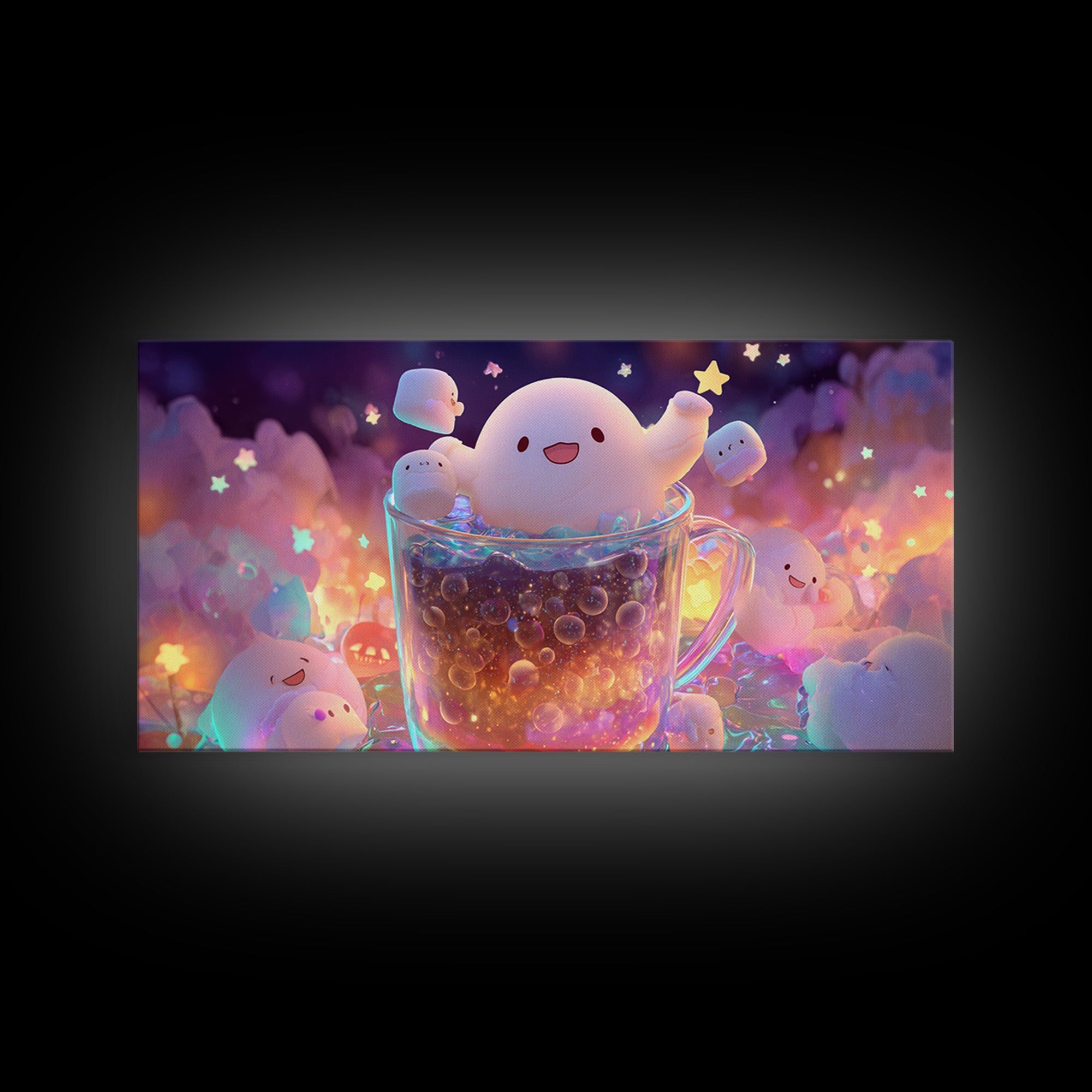The Marshmallow Ghost Choir, 80s Halloween Wall Art, Wide Panoramic Art, Framed Canvas Print, Retro Halloween Decor, Neon Wall Art