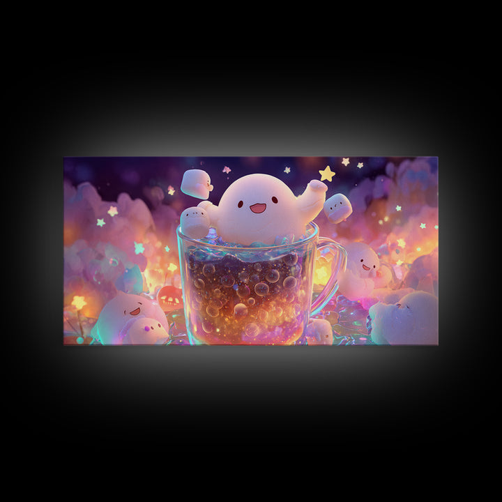 The Marshmallow Ghost Choir, 80s Halloween Wall Art, Wide Panoramic Art, Framed Canvas Print, Retro Halloween Decor, Neon Wall Art