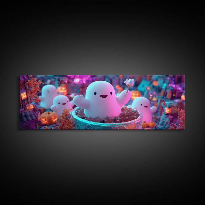 The Marshmallow Ghost Choir, Synthwave Halloween Art, Extra Wide Wall Art, Framed Canvas Print, Retro Halloween Decor, Neon Wall Art
