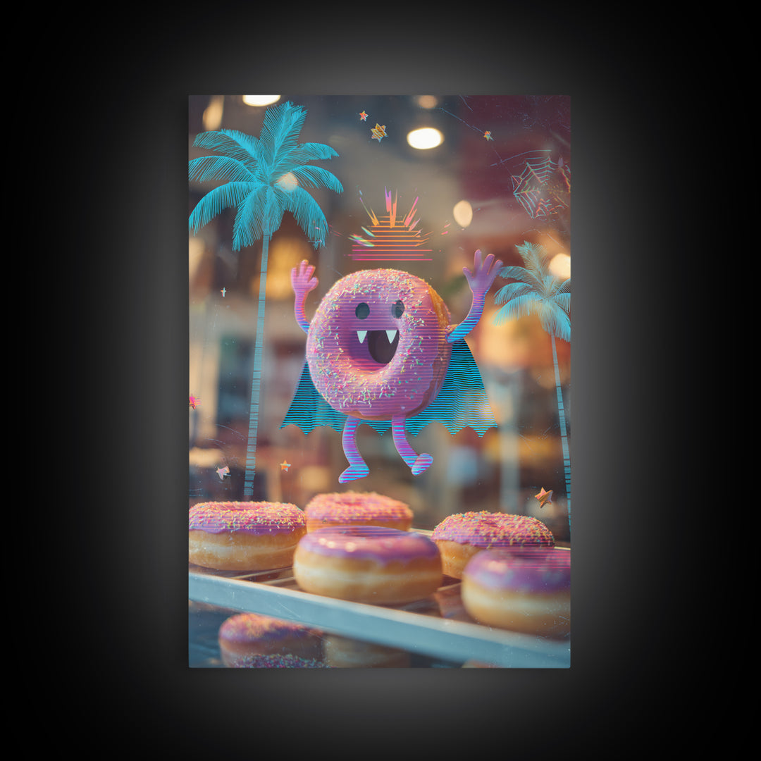 The Donut Vampire Family, Vaporwave Halloween Decor, Vertical Wall Art, Canvas Print, Retro Halloween Decor, Neon Wall Art, Macabre Wall Art