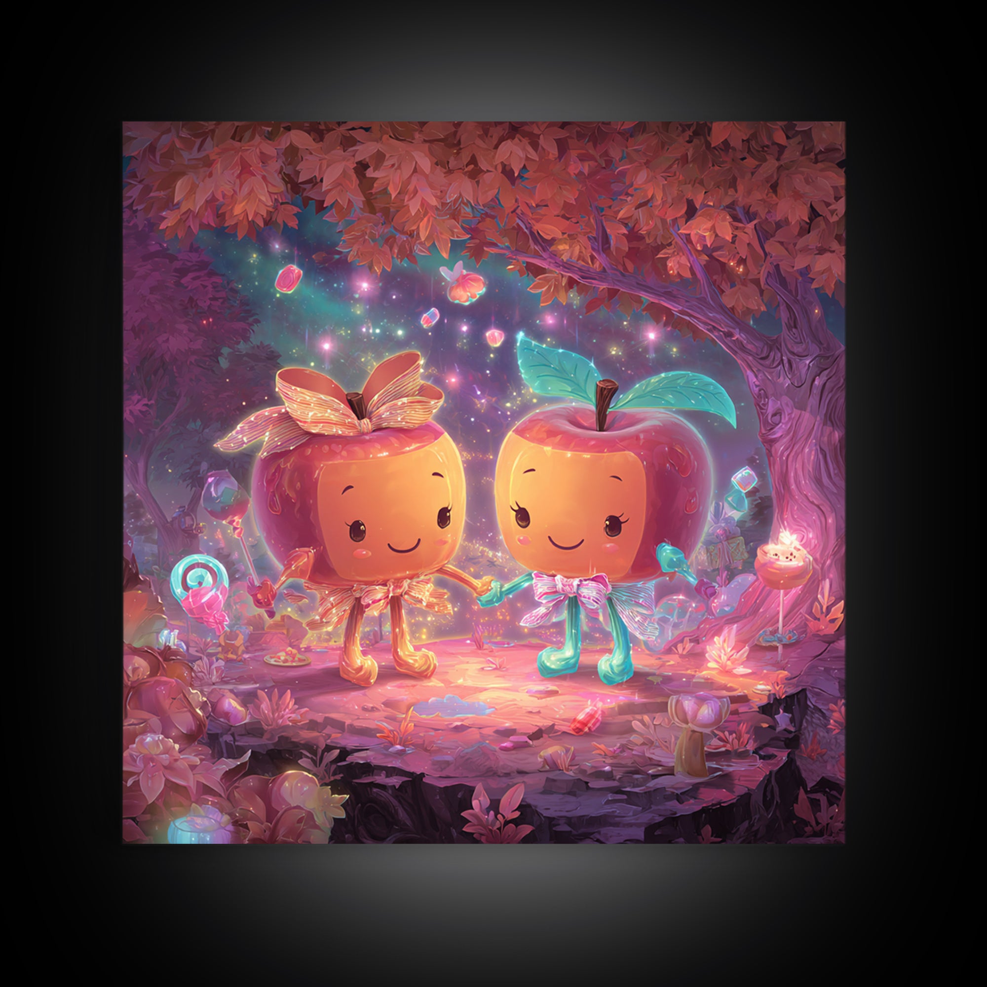 The Caramel Apple Friends, Cute Spooky Neon Art, Square Wall Art, Framed Canvas Print, Retro Halloween Decor, Neon Wall Art
