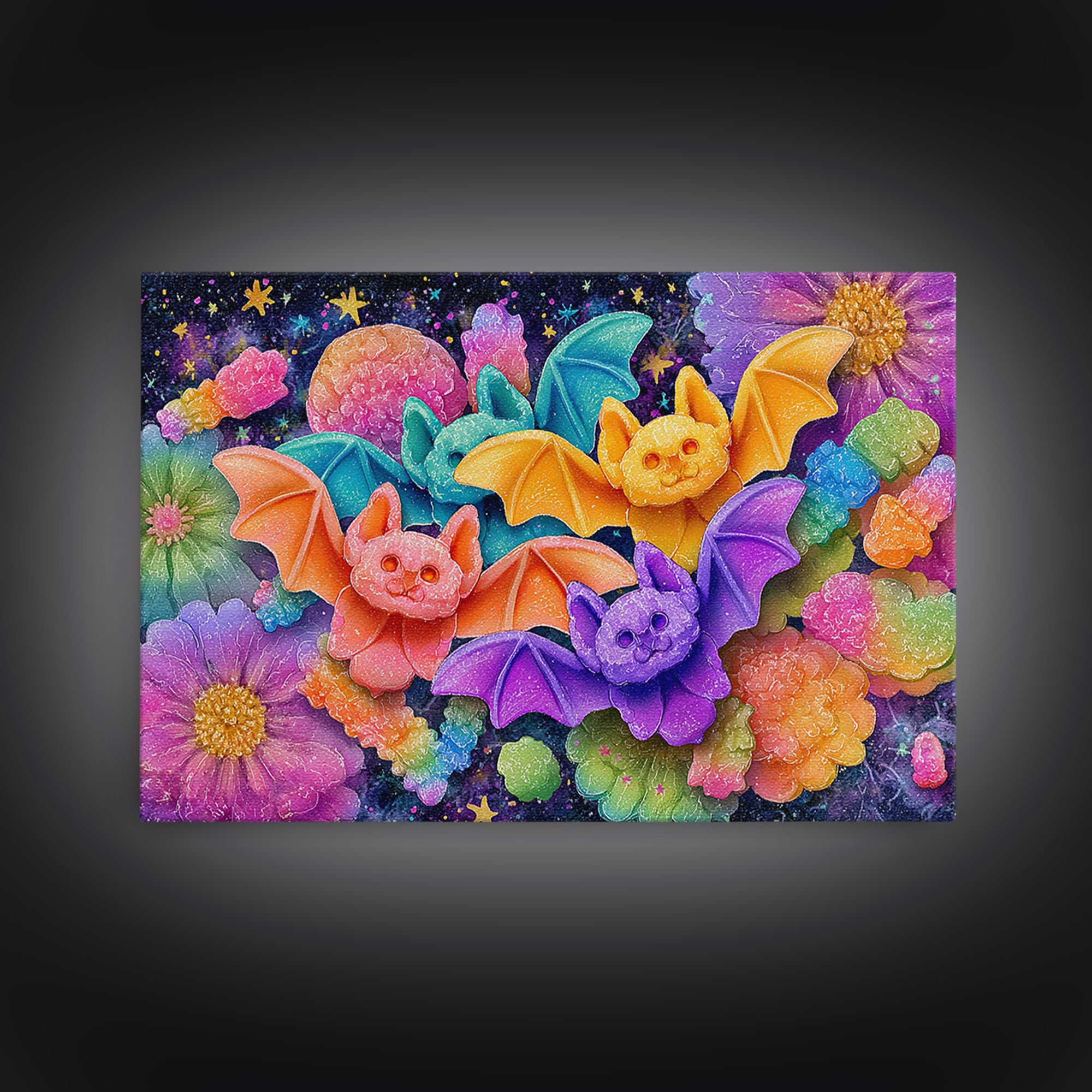 The Gummy Bat Garden, 80s Halloween Wall Art, Landscape Wall Art, Framed Canvas Print, Retro Halloween Decor, Neon Wall Art