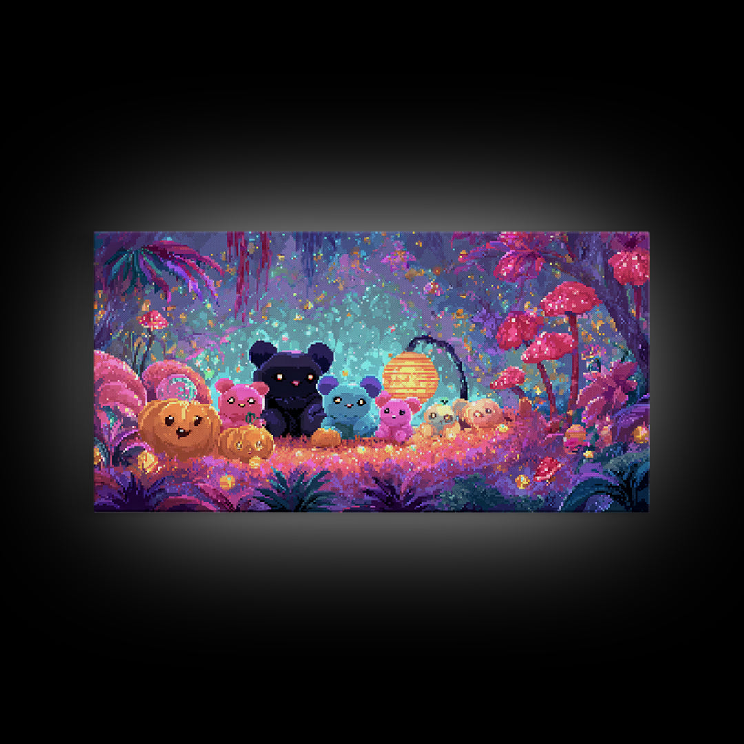 The Gummy Bat Garden, 80s Halloween Wall Art, Wide Panoramic Art, Framed Canvas Print, Retro Halloween Decor, Neon Wall Art
