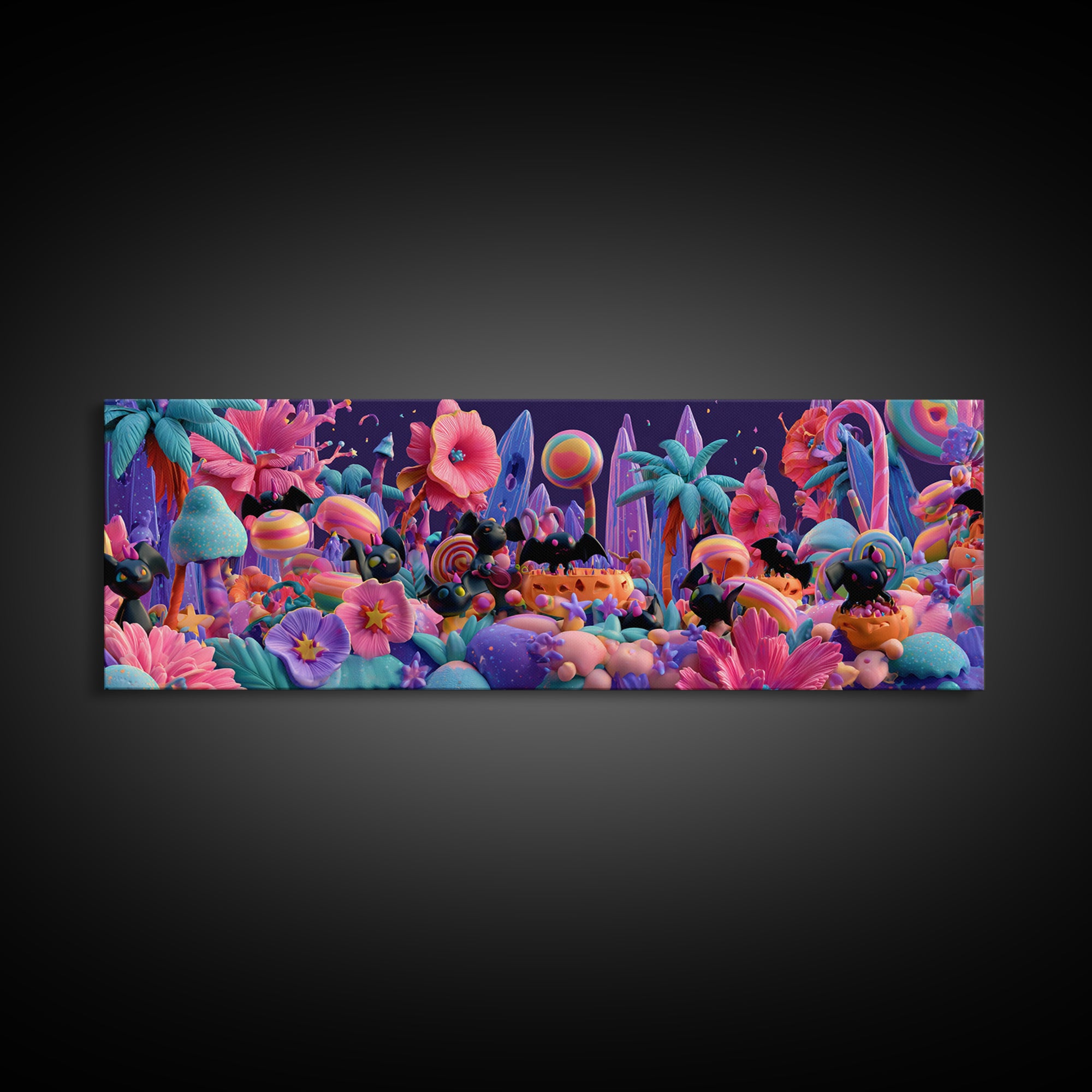 The Gummy Bat Garden, Cute Spooky Neon Art, Extra Wide Wall Art, Canvas Print, Retro Halloween Decor, Neon Wall Art, Horror Wall Art