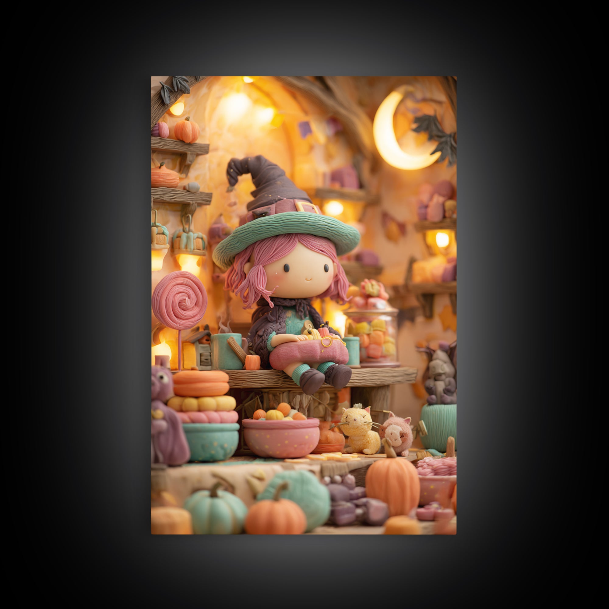 The Candy Witch'S Kitchen, Cute Spooky Neon Art, Vertical Wall Art, Framed Canvas Print, Retro Halloween Decor, Neon Wall Art